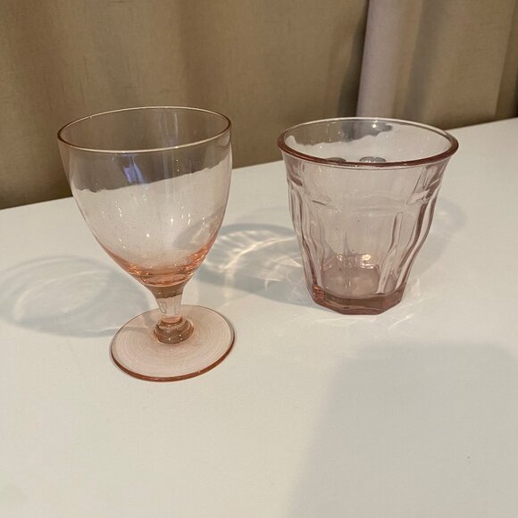 Set of 2 Pink Glassware – Stemmed Goblet & Faceted Tumbler Vintage‎ Look - Picture 1 of 4